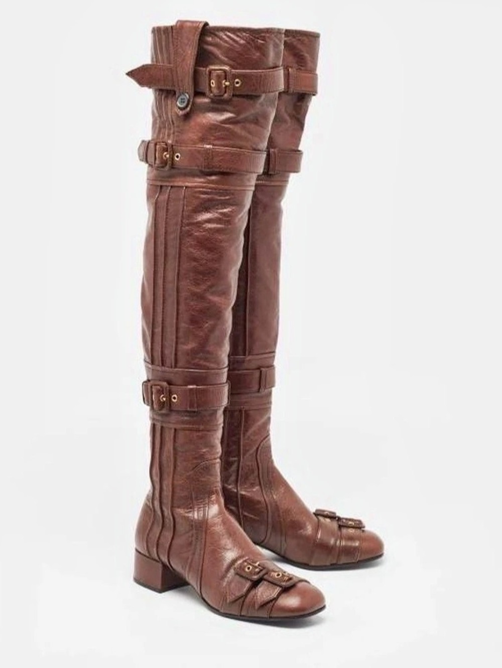 Runway Prada Capra Leather Over-The-Knee Tall Low Heel Boots Brown Size 37 EU - Picture 3 of 17